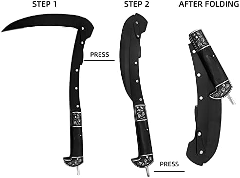 All-Black Sharp Edge Folding Scythe with Wooden Handle - Two Section Safety Sickle Knife for Grass Scythe and Grass Sickle, Foldable Garden Tool with Sheath