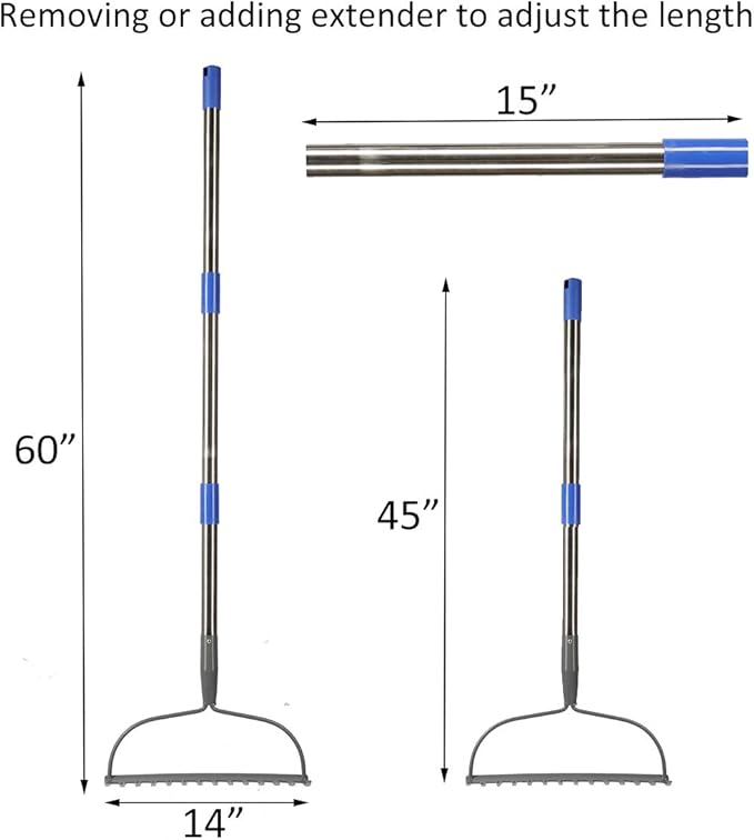 Garden Rake, 5 FT Metal Rake for Lawns Level Head Rakes with Stainless Steel Handle for Loosening Soil