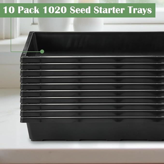 1020 Flat Seed Starter Trays 10 Pack, Plastic Nursery Pots Trays & Seeds Potting Plants Tray, Durable Carrying Seedling Starting Tray for Planting (Black)