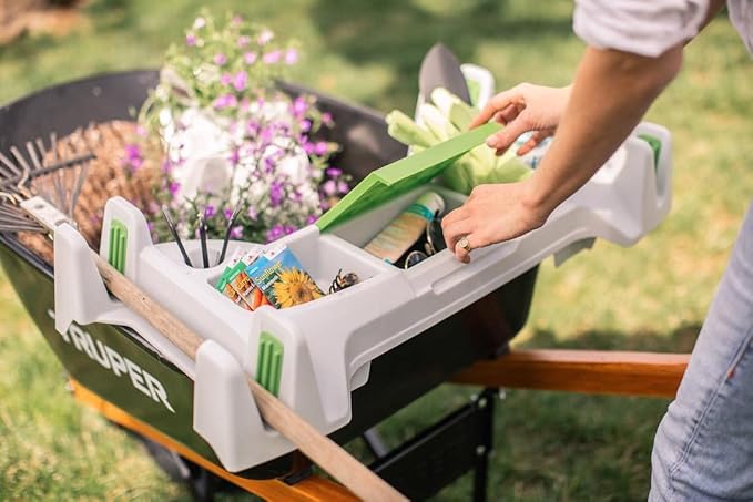 The Burro Buddy, USA Made Lawn/Garden Tray for All 4-6 cu. ft. wheelbarrows. Holds rake, Shovel, Short Handle Tools, Drinks & Water Tight Storage for Phone. Wheelbarrow not Included. Great Gift!