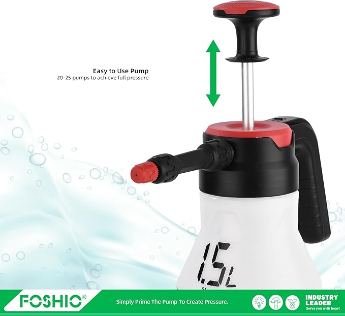 FOSHIO 0.4 Gallon Garden Pump Sprayer, 1.5L Portable Hand Pump Pressure Water Spray Bottles with Adjustable Nozzle Trigger Lock Sprayer for Home, Lawn and Car Detailing
