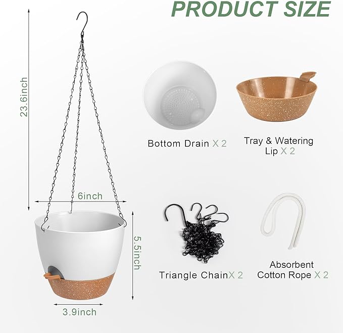 Hanging Planters for Indoor Outdoor Plants, 2 Pack Self Watering Hanging Pot with Drainage Holes & Removable Tray (White, 6'')