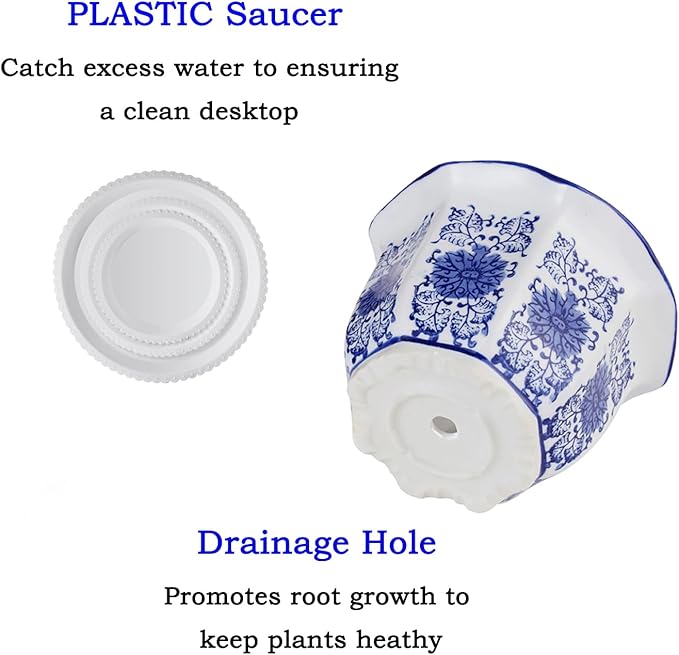 Ceramic Pots for Plants, Chinoiserie Décor Ceramic Flower Pots Planters for Indoor Plants with Drainage, Blue and White, Set of 3