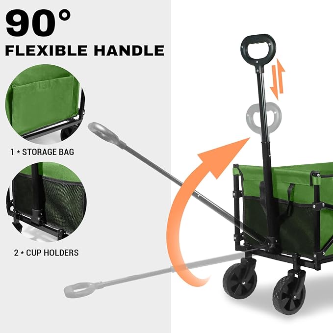 Collapsible Wagon 352LBS Capacity, Foldable Large Wagons Carts, Heavy Duty Outdoor Folding Wagon with All-Terrain Wheels, Utility Garden Beach Wagon with Storage Bag Green