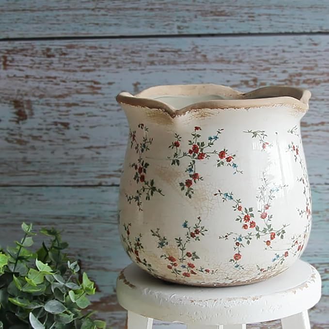 Ceramic Pots for Plants, Vintage Plant Pot with Drainage Hole, 6.11in. Planter for Indoor Plants, Crackle Glaze Finish Flower Pot, Perfect Tuscan Ceramic Planter for Gardening, Small Red Blooms