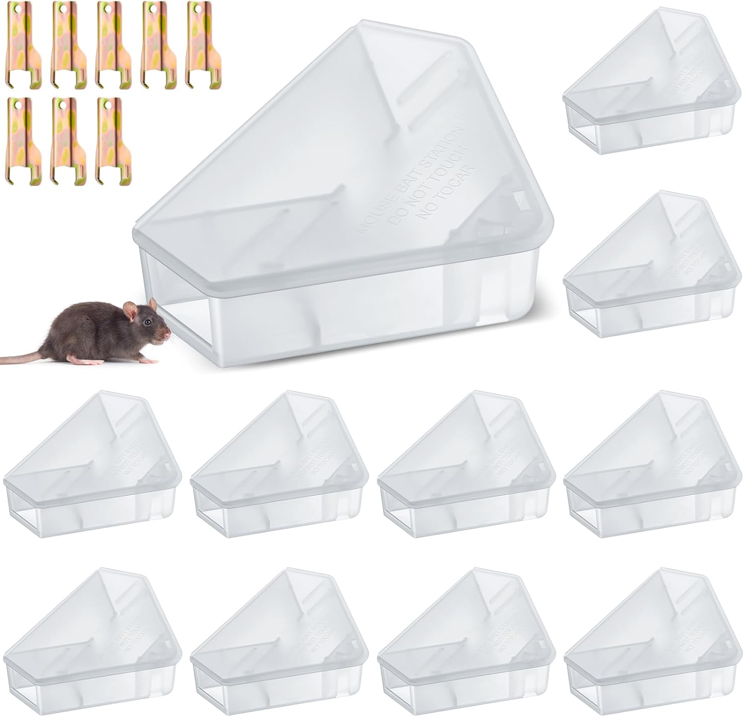 Qualirey 12 Pcs Mice Station with Key Triangle Bait Station Reusable Rodent Trap Box, Keeps Children and Pets Safe Indoor & Outdoor, Bait Not Included, Suitable for Small Mice (Black)