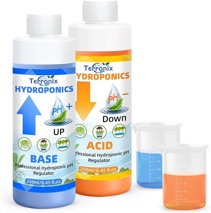 pH Down & pH Up for Hydroponics, pH Control Kit for Hydroponic Nutrients – 250ml pH Down and 250ml pH Up with 2×50ml Beakers for Nutrient Water pH Adjustment