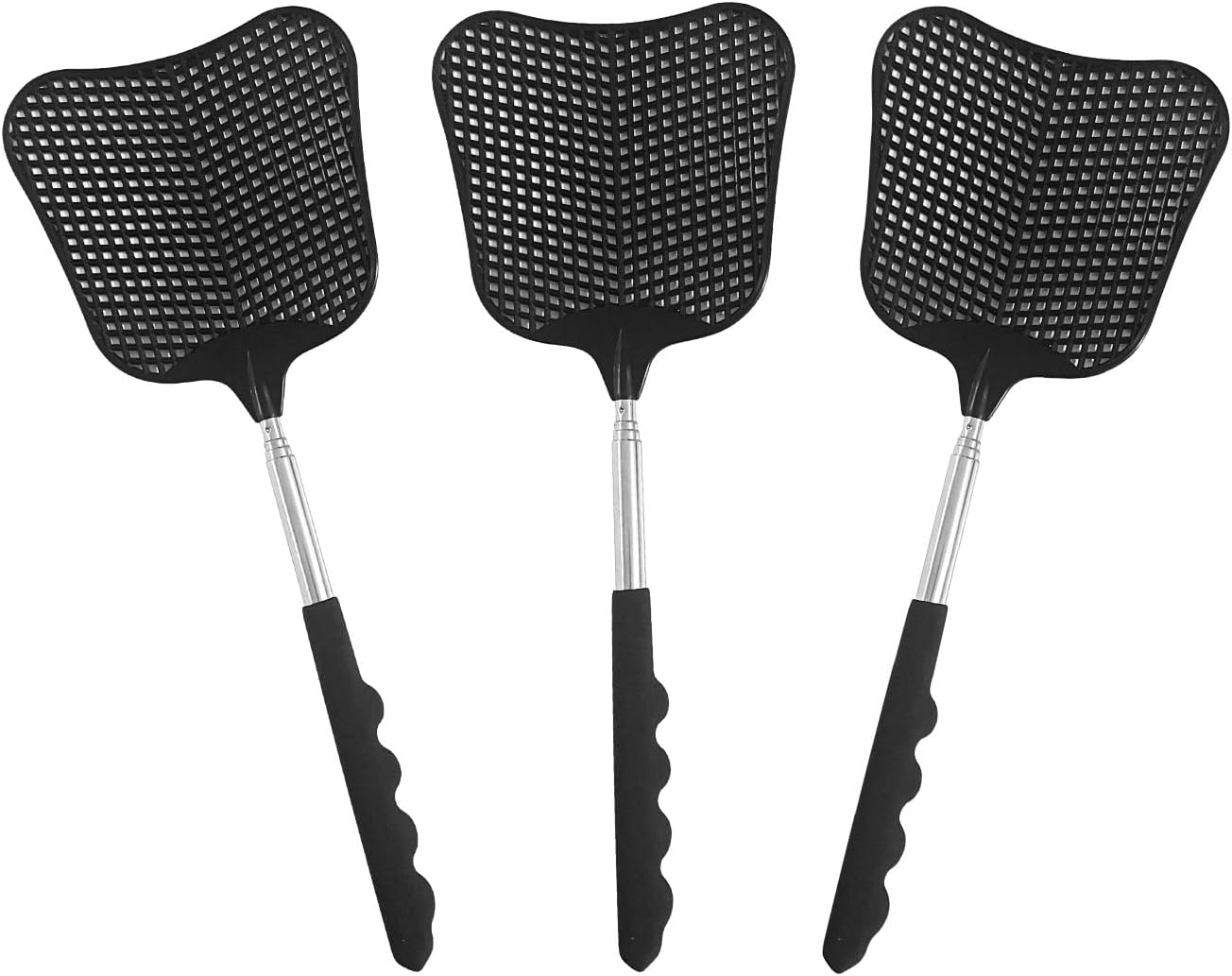 Fly Swatters 2 Pack, Durable Telescopic Stainless Steel Handle, Heavy Duty Black Bug Zapper Racket, Upgraded Plastic Fly Swatter Set for Indoor Outdoor Home Hiking Camping Garden