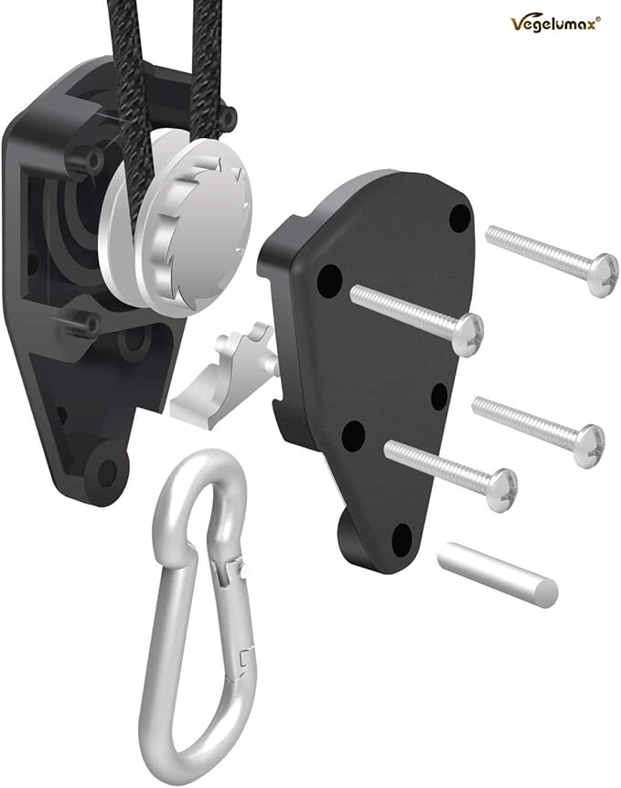 1/8Inch Heavy Duty Adjustable Rope Clip Hanger Reinforced Metal Internal Gears for Growing Light Fixtures,Various Tie-Down Uses,Loose-Proof Design,8ft Long,150lbs Weight Capacity,Black,1Pair