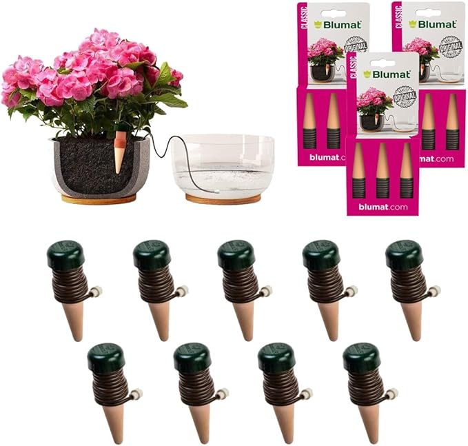 Blumat Classic Self-Watering Stakes - Automatic Drip Irrigation System for Indoor Plant Watering & Outdoor - Water Drip Solution for Potted Plants - Slow Release Stakes, 9 Pack, wo Adapter