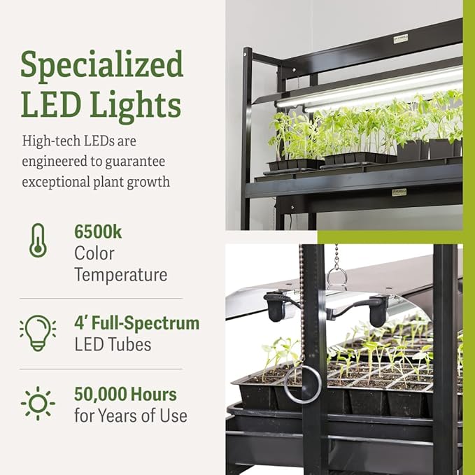 Gardener's Supply Company Sunlite 2-Tier Grow Light Plant Shelf | Includes 4 Energy-Efficient LED Bulbs & 2 Watertight Trays | Sturdy Indoor Greenhouse Garden for Seedlings, Succulents & Houseplants