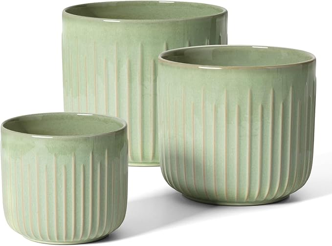 LE TAUCI Fluted Ceramic Pots for Plants, 8.3/7/6 Inch Indoor Planters with Drainage Holes & Mesh, Modern Glossy Glaze Cylinder Plant Pot for Snake Plant, Set of 3, Sage Green