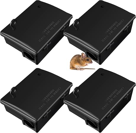Qualirey 4 Pack Rat Bait Stations Large Rodent with Key Reusable Mouse Stations Mice Blocks Heavy Duty Boxes for Outdoor Rodents Mice Blocks, Bait Not Included, Black (9.8 x 7.5 x 3.9 Inches)