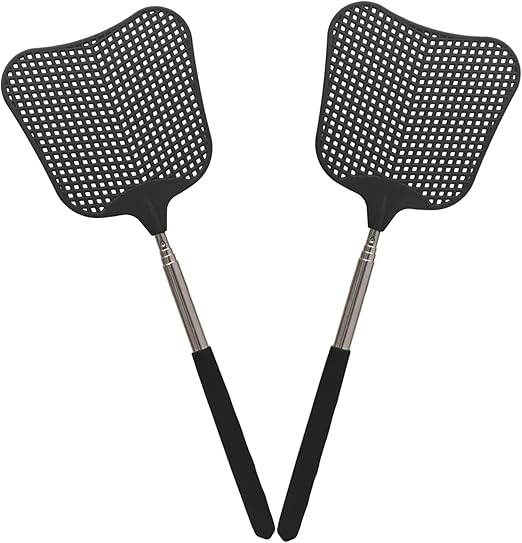 Litoexpe 2 Pack Telescopic Fly Swatter, Plastic Fly Swatter Heavy Duty Set, Manual Flyswatter with Stainless Steel Telescopic Handle for Indoors/Classroom/Office