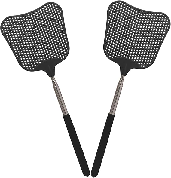 Litoexpe 2 Pack Telescopic Fly Swatter, Plastic Fly Swatter Heavy Duty Set, Manual Flyswatter with Stainless Steel Telescopic Handle for Indoors/Classroom/Office