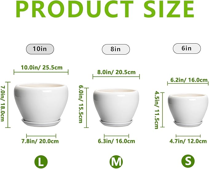10+8+6 Inch Ceramic Planter, Ceramic Pots for Plants Indoor Outdoor, Round Plant Pots with Drainage Holes and Saucers, Modern Planter, Home Decor, Gardening Gifts for Women, Set of 3, White