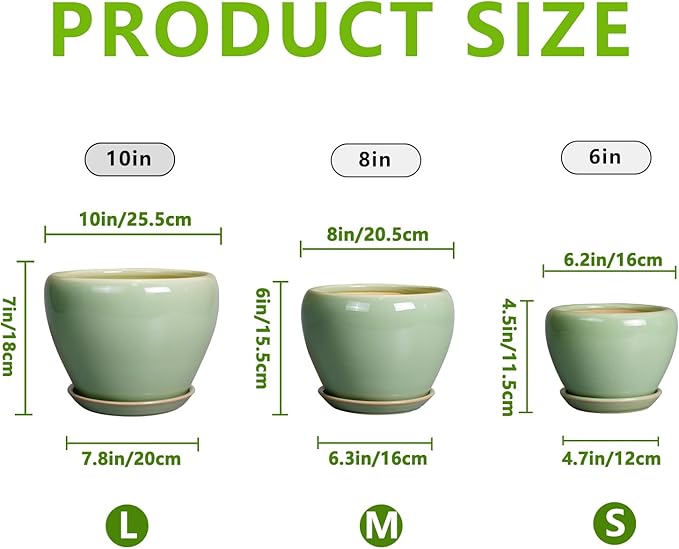 Ceramic Pots for Plants - 10/8/6 Inch Flowers Planters with Drainage Holes and Saucers for Indoor Outdoor, Decorative Modern Home House Office Room Decor, Set of 3, Green