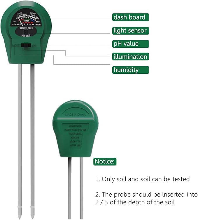 Z/C Soil pH Meter | Soil Tester for Light, pH, Moisture | Multifunctional Soil Meter, Soil Sensor for Plant Lawn Garden Care, Soil Thermometer for Gardening