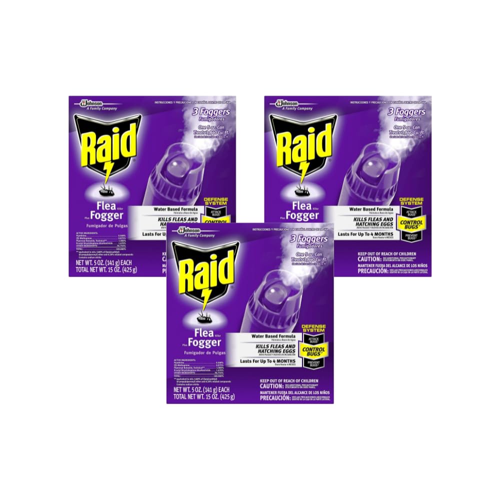 Raid Flea Fogger Plus Killer Water Based Formula Kills Fleas and Hatching Eggs 5 Ounce Cans 3 Count (Pack of 2)