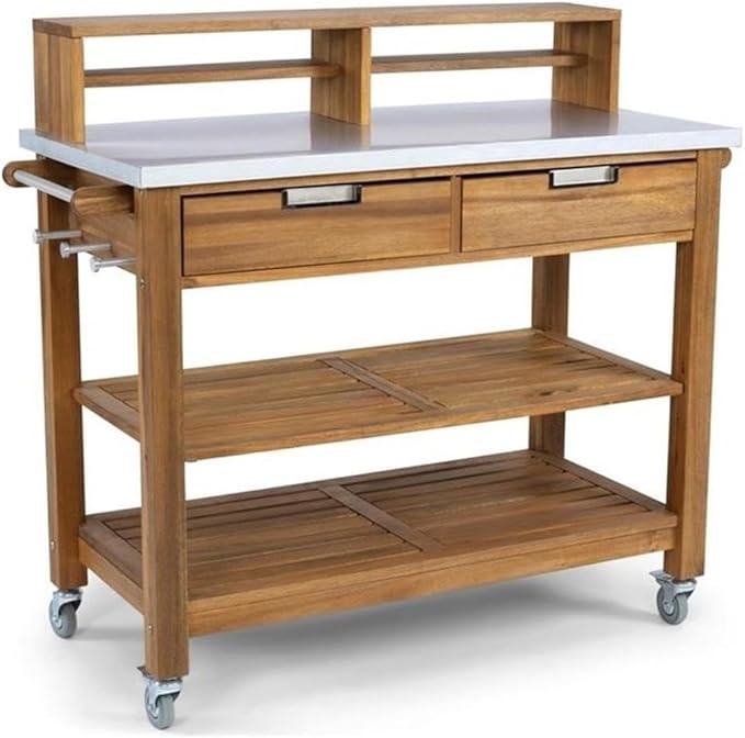Traditional Acacia Wood Potting Bench, Brown Teak Finish, Galvanized Steel Top, 2 Shelves, 2 Drawers, Locking Casters, Towel Bars, Outdoor Garden Storage and Workspace