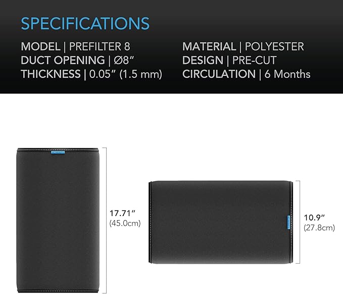 AC Infinity Pre-Filter Cloth 8”, Replacement Inline Filter Sleeve 2-Pack, Fits 8” Carbon Filters for Odor Control in Grow Tents, Indoor Gardening, Hydroponics