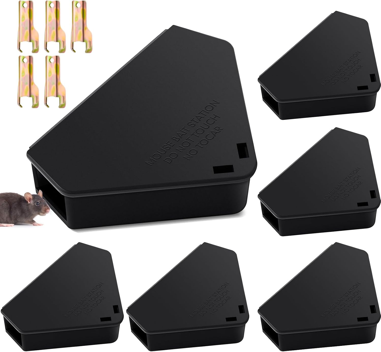Qualirey 12 Pcs Mice Station with Key Triangle Bait Station Reusable Rodent Trap Box, Keeps Children and Pets Safe Indoor & Outdoor, Bait Not Included, Suitable for Small Mice (Black)