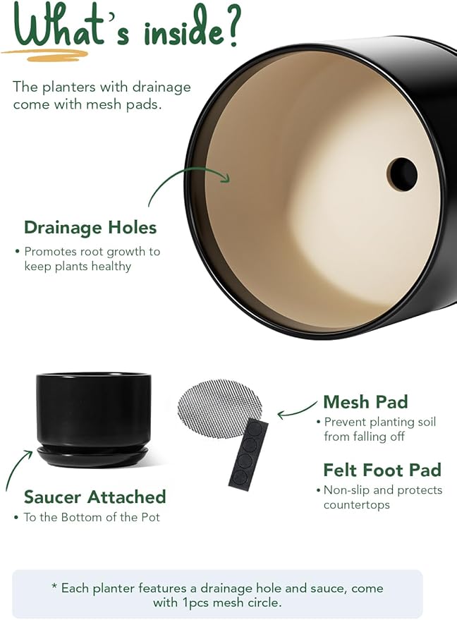 LE TAUCI Ceramic Pots for Plants, 8 Inch Plant Pot with Drainage Hole & Saucer, Modern Minimalist Planters for Indoor Plants, Round Flower Pot for Snake Plant, Monstera, Perfect for Home Decor, Black
