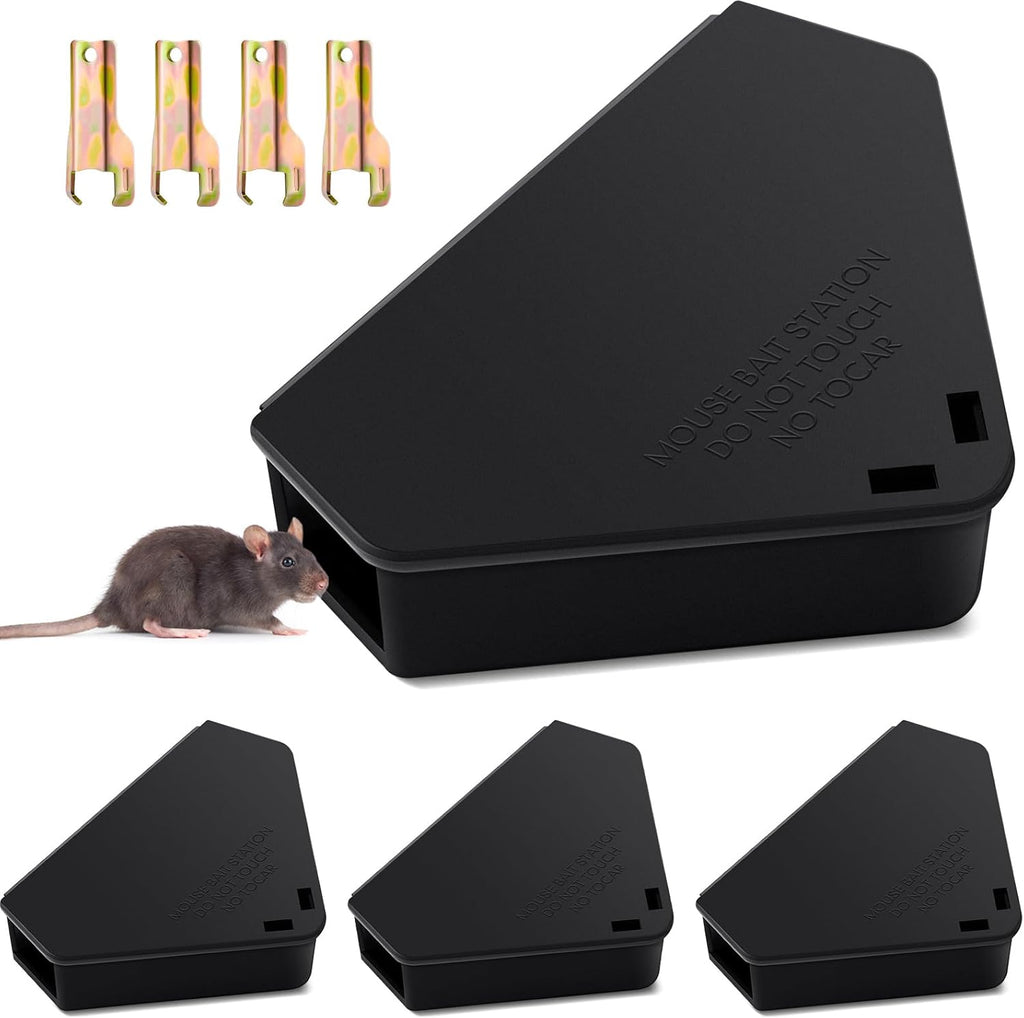 Qualirey 12 Pcs Mice Station with Key Triangle Bait Station Reusable Rodent Trap Box, Keeps Children and Pets Safe Indoor & Outdoor, Bait Not Included, Suitable for Small Mice (Black)