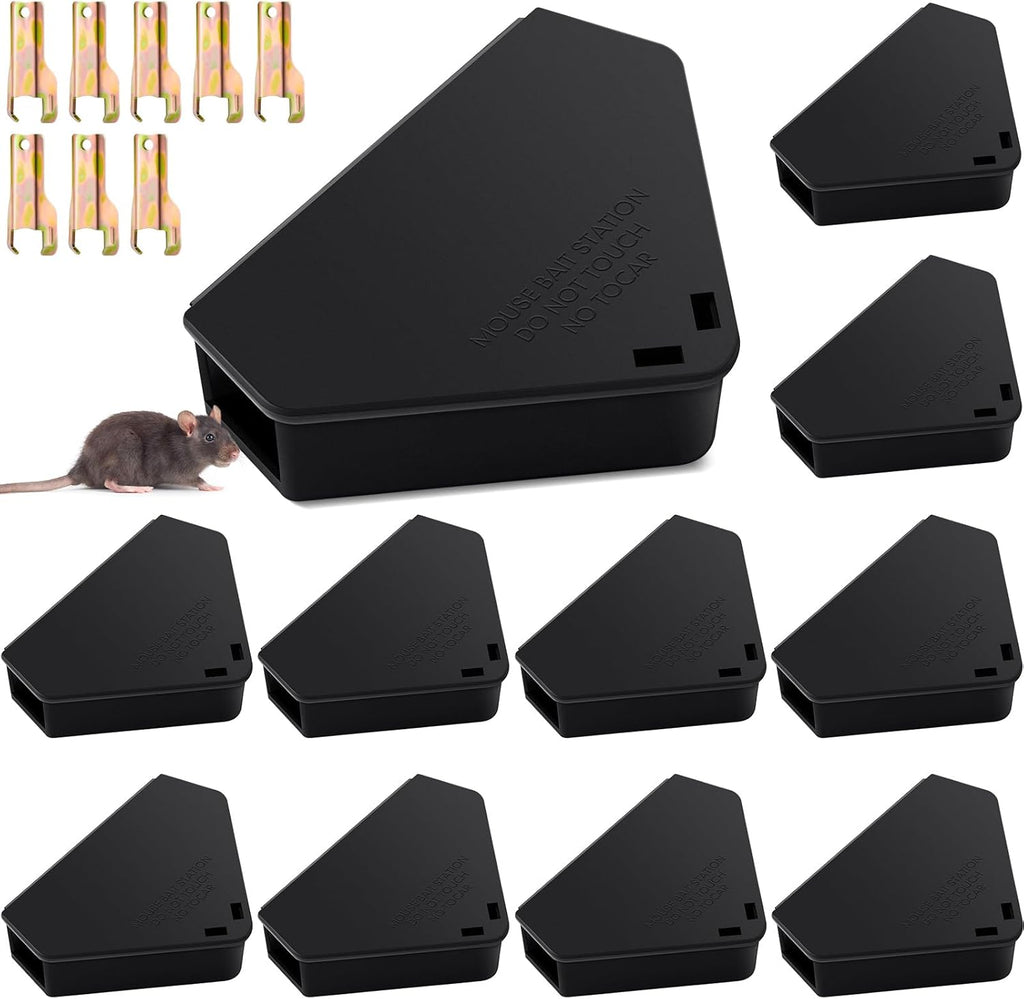 Qualirey 12 Pcs Mice Station with Key Triangle Bait Station Reusable Rodent Trap Box, Keeps Children and Pets Safe Indoor & Outdoor, Bait Not Included, Suitable for Small Mice (Black)