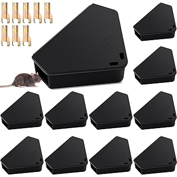 Qualirey 12 Pcs Mice Station with Key Triangle Bait Station Reusable Rodent Trap Box, Keeps Children and Pets Safe Indoor & Outdoor, Bait Not Included, Suitable for Small Mice (Black)