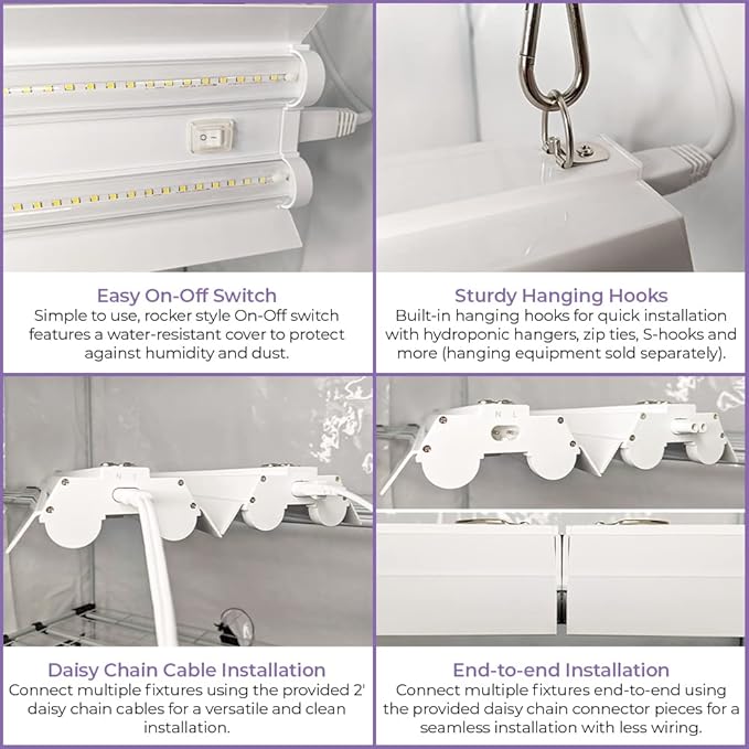 Active Grow Integrated Dual T8 4FT LED Grow Light - T8 Grow Lights for Indoor Plants, Propagation, Leafy Greens & Microgreens - 38W - Sun White Full Spectrum High CRI 95 - Linkable - 120-277V