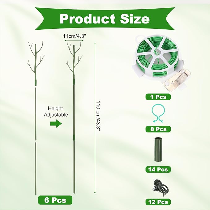 uxcell Plant Support Stakes Set, 6 Pcs Twig Plant Stem Support Structures 43.3" Plants Branches Supports with Extension Poles, Orchid Clips, Plants Tie for House Potted Monstera, Green