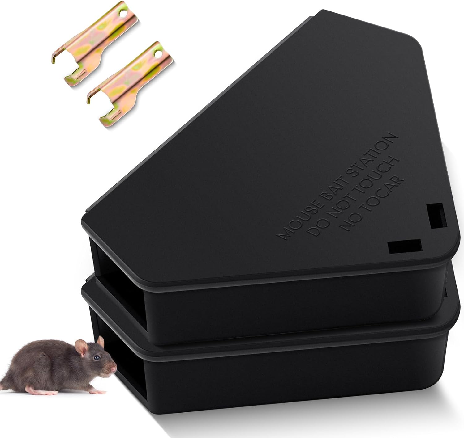 Qualirey 12 Pcs Mice Station with Key Triangle Bait Station Reusable Rodent Trap Box, Keeps Children and Pets Safe Indoor & Outdoor, Bait Not Included, Suitable for Small Mice (Black)