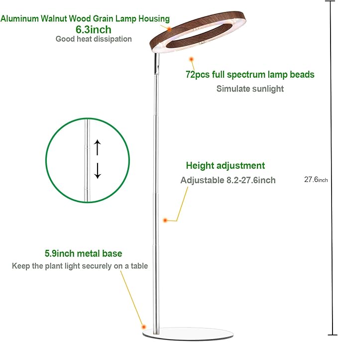 Yadoker 144 LEDs Plant Grow Light for Indoor Plant,Aluminum Walnut Wood Grain Desk LED Grow Light, Height Adjustable,6.3" Aluminum Housing,Automatic Timer with 8/12/16 Hours,10-Level Brightnes