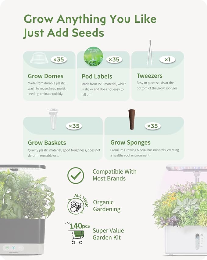 140Pcs Hydroponic Pods Supplies: Compatible with AeroGarden Grow Anything Herb Kits - Includes Grow Sponges Grow Baskets Grow Domes Labels - Hydroponics Supplies for Most Brand (Pack of 2)