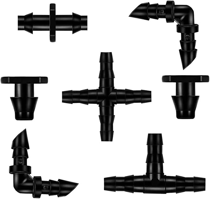 300Pcs Barbed Connectors Irrigation Fittings Kit, HOINCO Drip Irrigation Barbed Connectors for 1/4 Inch Tube, for Flower Pot Garden Lawn (Elbows, End Plug, Straight Barbs, Tees, 4-Way Coupling)