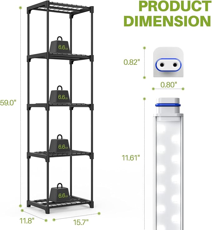 Plant Shelf with Grow Light, 5 Tier Plant Stand with Grow Light, Metal Plant Rack with 4 Pack 36W Plant Light for Indoor Plant, Seed Start, Seedling, Seed Trays, 11.8" W x 15.7" L x 59" H