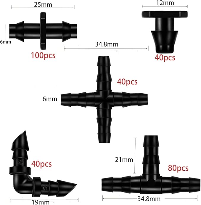 300Pcs Barbed Connectors Irrigation Fittings Kit, HOINCO Drip Irrigation Barbed Connectors for 1/4 Inch Tube, for Flower Pot Garden Lawn (Elbows, End Plug, Straight Barbs, Tees, 4-Way Coupling)