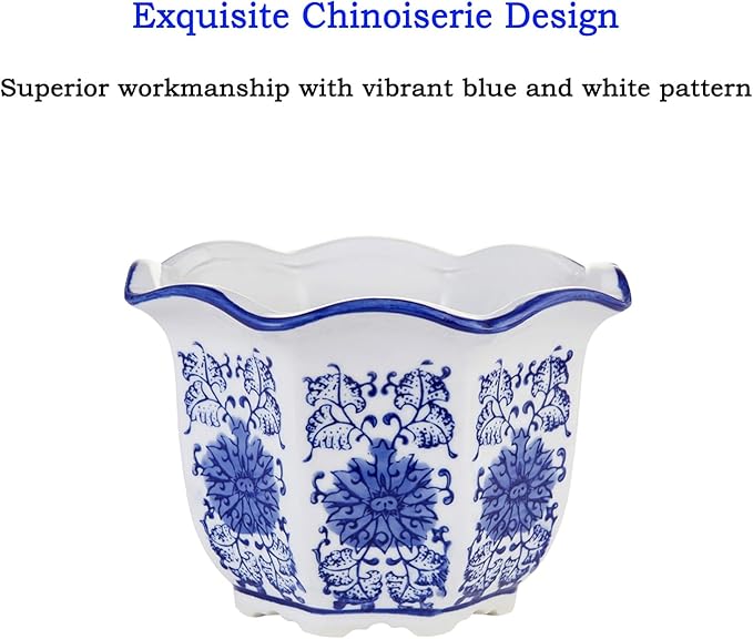 Ceramic Pots for Plants, Chinoiserie Décor Ceramic Flower Pots Planters for Indoor Plants with Drainage, Blue and White, Set of 3