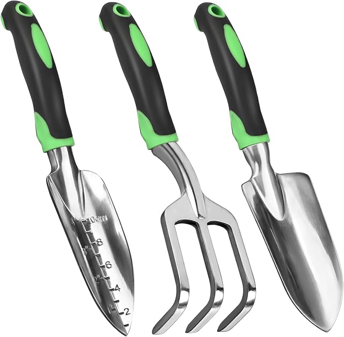 Garden Tool Set, 3 Pack Heavy Duty Gardening Hand Tools with Non-Slip Rubber Handles, Aluminum Alloy Gardening Tool Include Garden Shovel, Transplant Trowel and Hand Rake