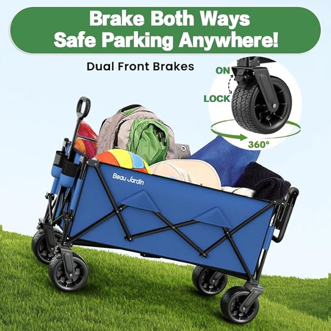 BEAU JARDIN Folding Push & Pull Beach Wagon 500 lbs Collapsible Foldable Wagons with Push Handle All Terrain Wheels Grocery Utility Camping Skiing Ice Fishing Sports Garden Wagon Cart Blue