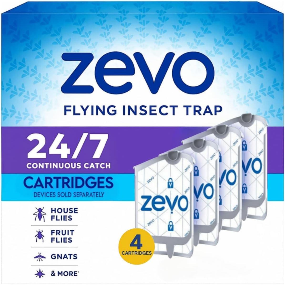 Zevo Flying Insect Trap & 3 Refill Cartridges - Plug in Fly Trap & Indoor Bug Catcher for Gnats, House & Fruit Flies - Blue & UV Light Technology, Mess-Free Alternative to Bug Zapper
