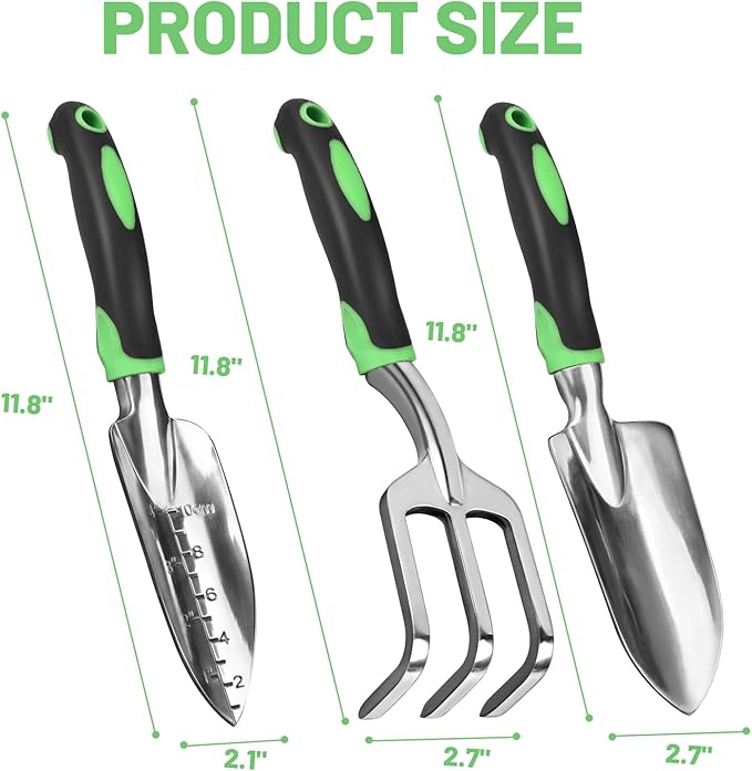 Garden Tool Set, 3 Pack Heavy Duty Gardening Hand Tools with Non-Slip Rubber Handles, Aluminum Alloy Gardening Tool Include Garden Shovel, Transplant Trowel and Hand Rake