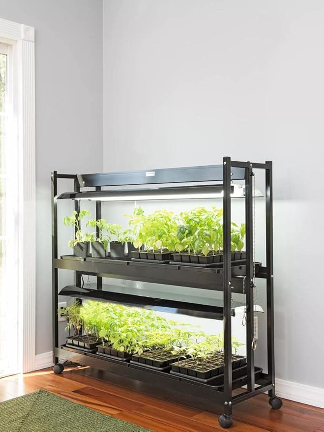 Gardener's Supply Company Sunlite 2-Tier Grow Light Plant Shelf | Includes 4 Energy-Efficient LED Bulbs & 2 Watertight Trays | Sturdy Indoor Greenhouse Garden for Seedlings, Succulents & Houseplants