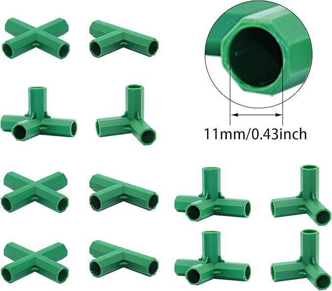 20PCS Fitting 0.43 Inch 11mm 4 Types Stable Support Heavy Duty Greenhouse Frame Building Connector Suitable for Grape Trellis Sunscreen Shed Gardening Plant Stakes for Flower and Greenhouse Frames
