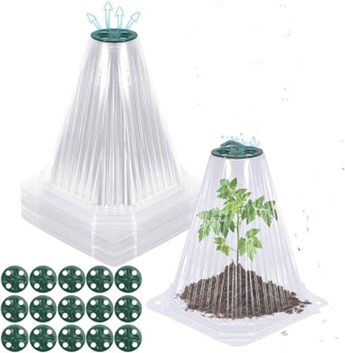 15Pcs Garden Plant Cloches, Plastic Plant Bell Cover Reusable Mini Greenhouse, Frost Protection with Rotatable Ventfor Plant Cover Dome Tall, rex-11471