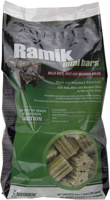 Neogen Ramik Fish Flavored Weather Resistant Rodenticide Mini Bait Bars, 4-pound pouch, multicolor (116331)