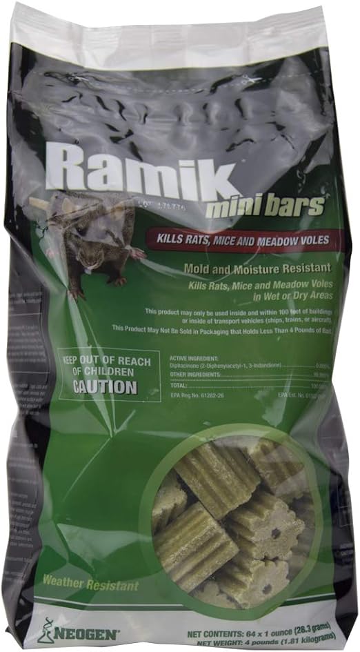 Neogen Ramik Fish Flavored Weather Resistant Rodenticide Mini Bait Bars, 4-pound pouch, multicolor (116331)
