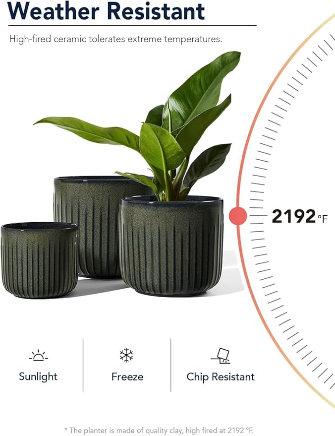 LE TAUCI Fluted Ceramic Pots for Plants, 8.3/7/6 Inch Indoor Planters with Drainage Holes & Mesh, Modern Glossy Glaze Cylinder Plant Pot for Snake Plant, Set of 3, Dark Olive