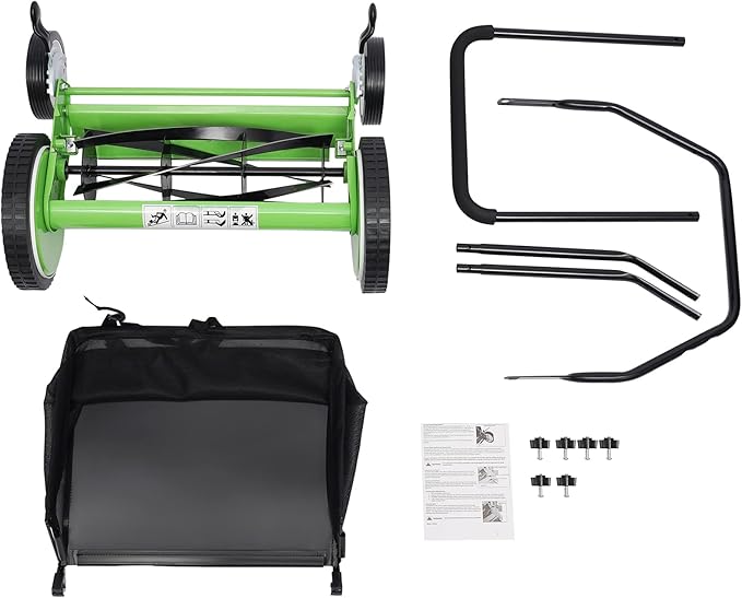 16 Inch Manual Push Reel Lawn Mower with Adjustable Mowing Height, 5 Blades and Collection Bag, Push Lawn Sweeper Grass Catcher Outdoor Power Tools for Picking up Leaves,Grass and Debris on Lawns